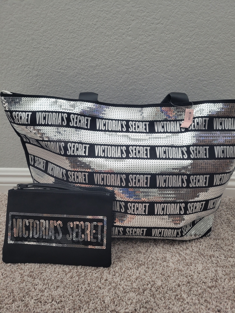 Victoria's Secret Silver Sequin Logo Tote with Black Pouch